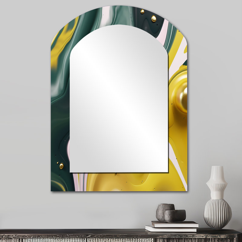 Yellow And Green Fluid Stone II - Marble Asymmetrical Unique Wall Mirror, Modern Arch Mirror, Printed Metal Art, 34" x 25"