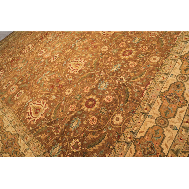 Tapis traditionnel en laine noué à la main Oushak doré 11 pi 9 po x 17 pi 9 po