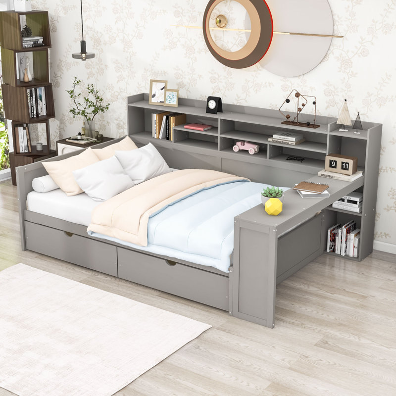 Lit de jour à deux tiroirs en bois avec tablettes de rangement et bureau, Double