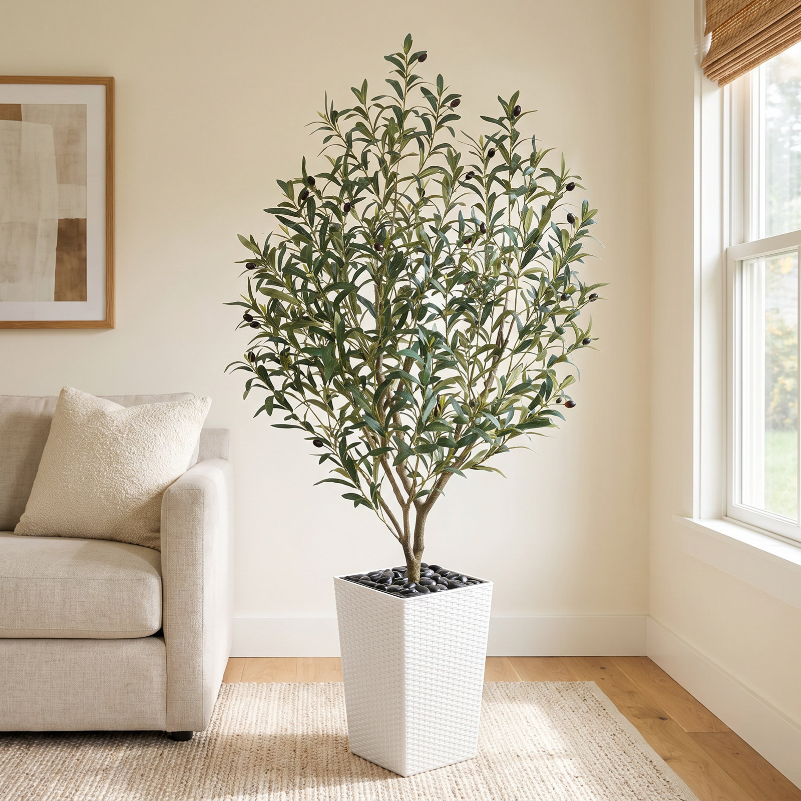 Olive Tree in Decorative Vase, White, 60" H x 20" W x 20" D