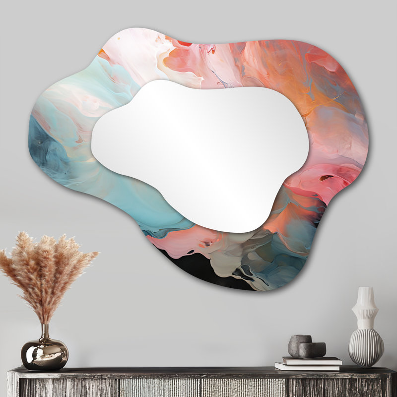 Playful  Deep Pink  Sky Dance II - Liquid Ink Cloud Large Wall Mirror, Blue Asymmetrical Decorative Mirror, Printed Metal Art