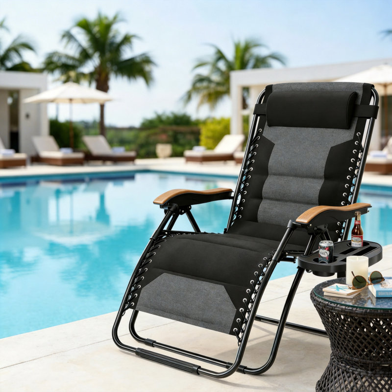 Très grand fauteuil inclinable noir épaissi à gravité zéro, siège élargi de 30,2 pouces, pliable avec porte-gobelet, capacité de charge de 400 lb, convient aux loisirs de plein air.