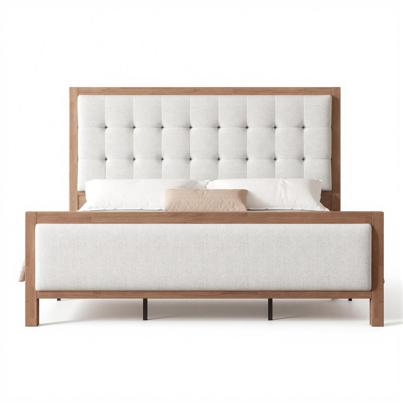 Lit plateforme tapissier avec tête de lit et pied de lit Behka, Très grand lit, Noyer