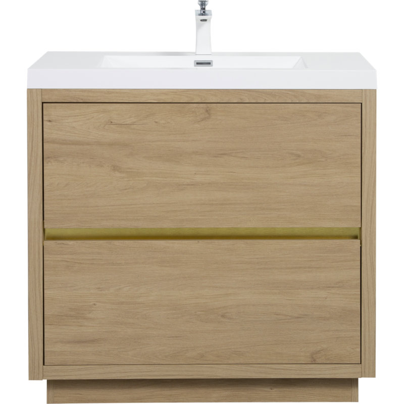 Meuble-lavabo autoportant avec lavabo intégré et comptoir en résine de pierre, Chêne naturel
