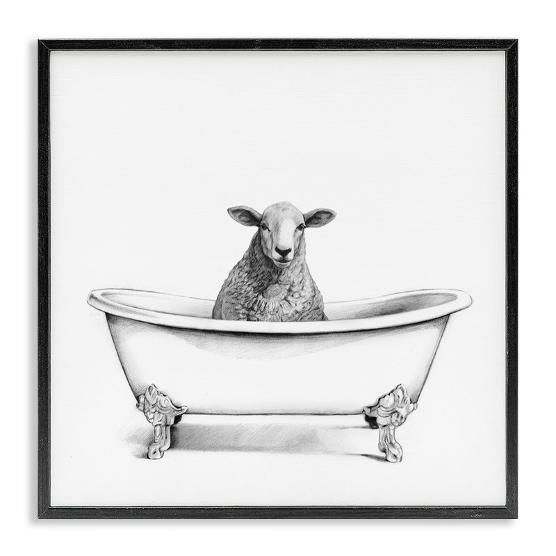 Mouton laineux dans la baignoire, Giclée encadrée noir minuit, H 17 po x l 17 po