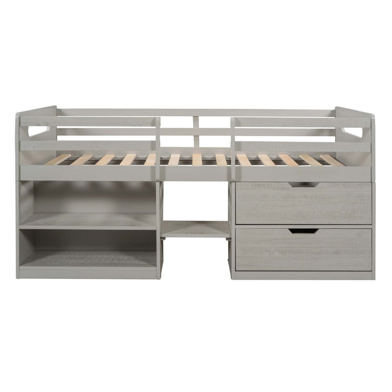 Lit mezzanine avec deux tablettes et deux tiroirs, Gris antique