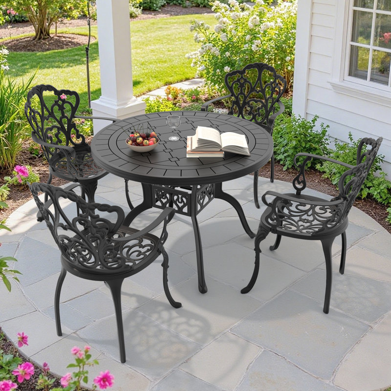 Aarielle 39.37'' Round Cast Aluminum Outdoor Dining Set with 2–4 Chairs – Weather-Resistant Patio Table & Chair Set, 4