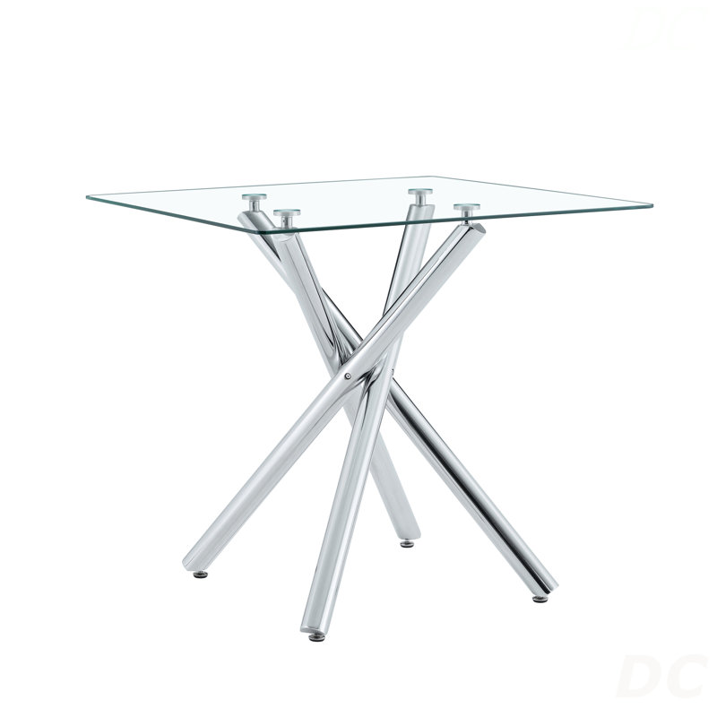 Table de bar moderne en métal galvanisé avec plateau en verre trempé, table de pub robuste à pieds croisés pour bar à la maison, îlot de cuisine, salon