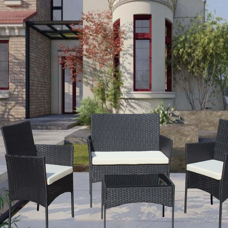 4 PC Rattan Patio Furniture Set Outdoor Patio Cushioned Seat Wicker Sofa (Beige Cushion)