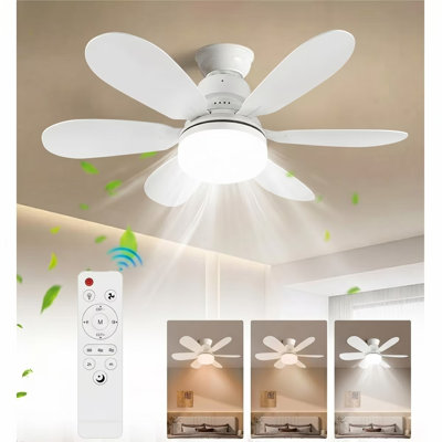Socket Fan Light with Remote Control, Low Profile Modern Ceiling Fans with 6 Reversible Blades,3 Colors Dimmable 6 Speeds Quiet, for Bedroom Kitchen Garage,White