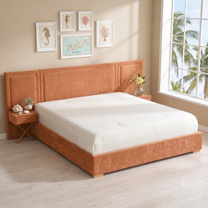 Modern Wide-Panel Upholstered Bed, King, Orange Velvet, King, Orange