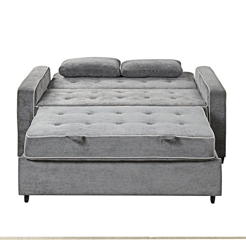Upholstered Pull Out Sofa Bed With Throw Pillows, USB Charging Port And Adjustable Backrest, Charcoal Gray