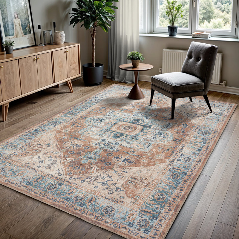 GLN Rugs Vintage Collection - Machine Washable Area Rug, Vintage Washable Rug, Non Slip Area Rug, Low Pile Living Room Rug, Bedroom Rug, Bathroom Rug - Easy Clean (Beige and Blue Rug)