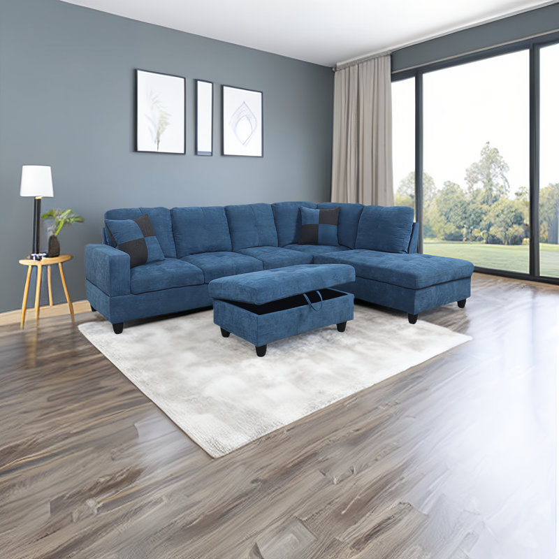Canapé modulaire rembourré 3 pièces Quinnes, Lin bleu, Accoudoir à droite (vu de face)