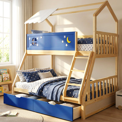 Arozu Moonlight Twin over Full Kid Bunk Bed Standard with Solid Pine Wood and 2 Spacious Drawers for Storage. by Harper Orchard