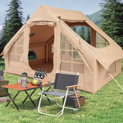 4-6 People Inflatable Tent with 4 Mesh Screen Windows 2 Doors Skylight Carrying Bag White