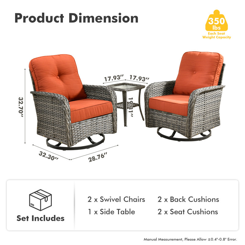  Chaise berçante pivotante avec coussins et table d'appoint Jordanlee, Orange-rouge