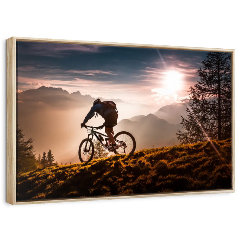 Coucher de soleil à vélo au coucher du soleil, 31 po x 21 po, Cadre flottant en bois naturel