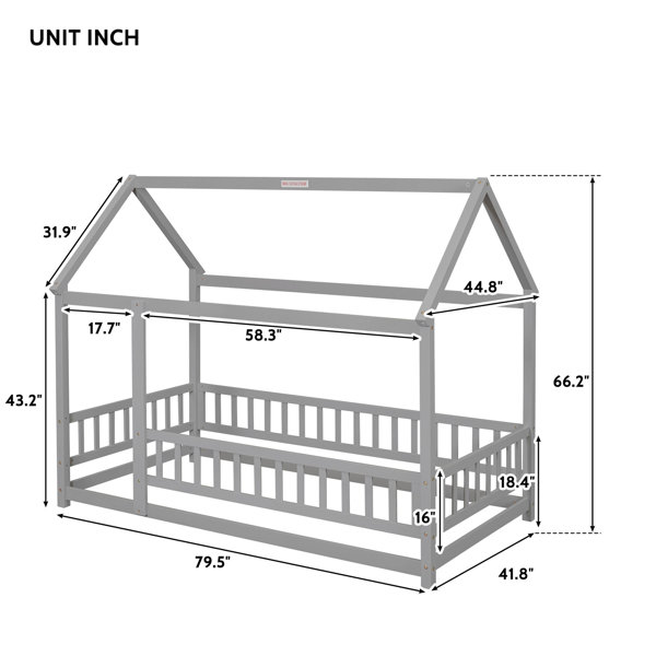 Ebern Designs Full Size Floor Wooden Bed With House Roof Frame, Fence ...