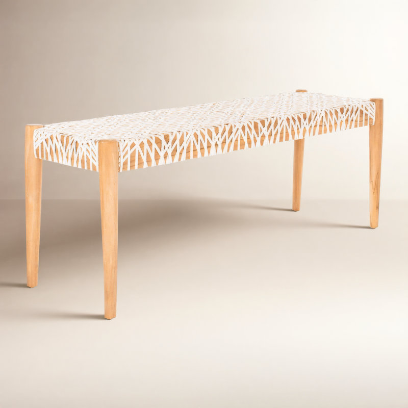 Kazbah Woven Leather Solid Wood Bench, Natural/Off White
