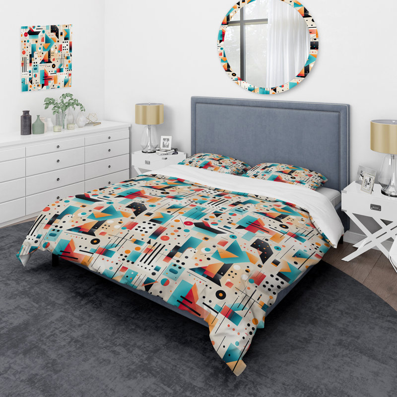 Ensemble de housse de couette à motif géométrique Midcentury, Housse de couette simple + 1 taie décorative stan
