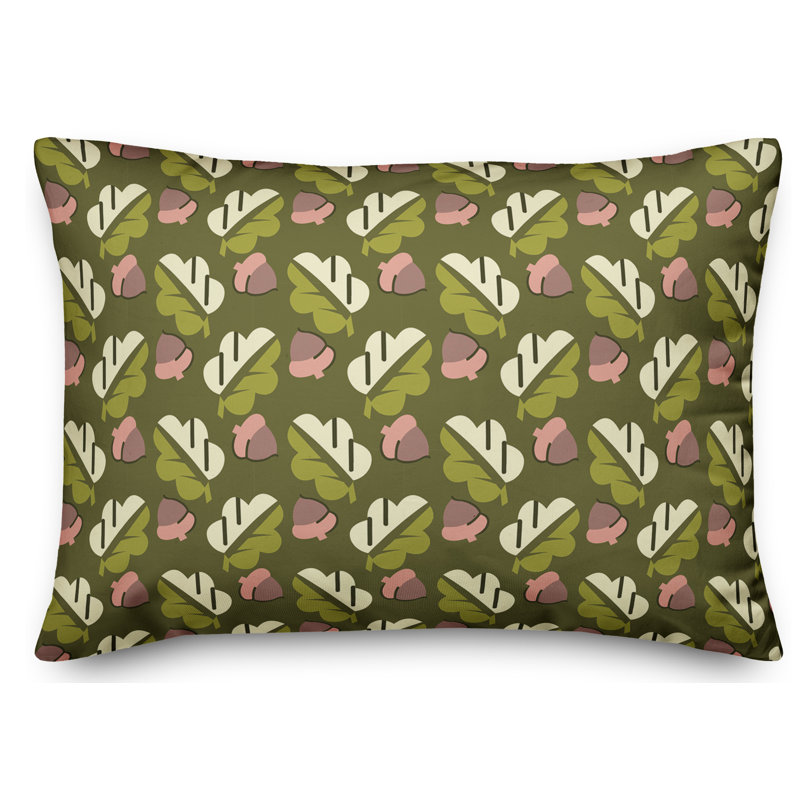 Coussin lombaire à glands et feuilles, Vert / Gris / Rose