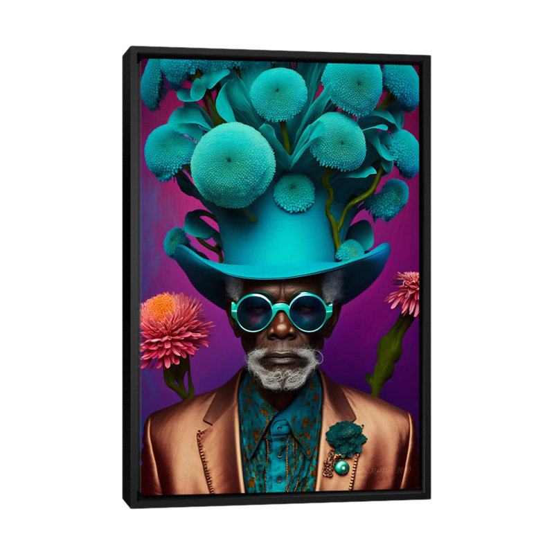 Papy africain rétro futuriste - Champignons VII, Cadre flottant noir, H 60 po x l 40 po