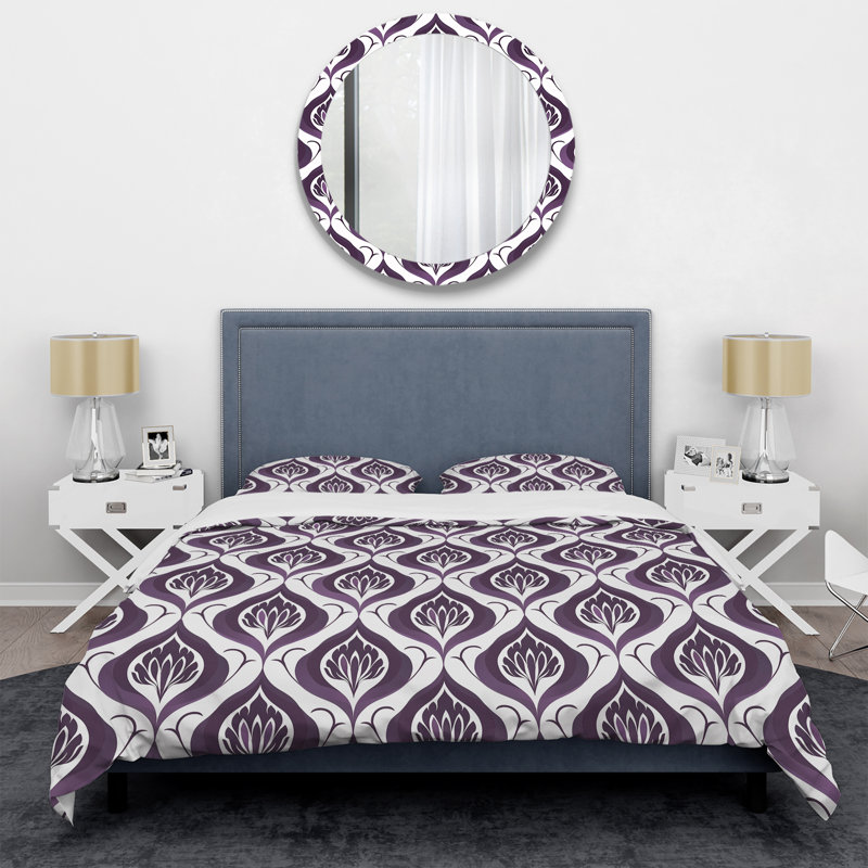 Ensemble de housse de couette moderne mauve blanc damassé Elegance IV, Housse de couette pour grand lit et 2 taies décor