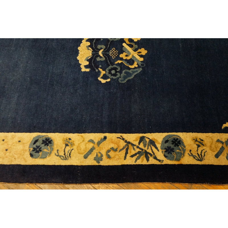 Solid Open Blue Color Field Antique Chinese Floral Medallion Pattern Peking Rug