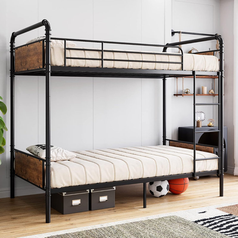Lit superposé simple, cadre métallique convertible avec barrières de sécurité et échelle, noir mat