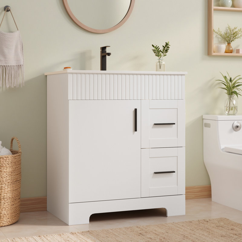 30" Single Bathroom Vanity With Ceramic Top And Faucet, Bathroom Vanity With Drawers And Cabinet, White