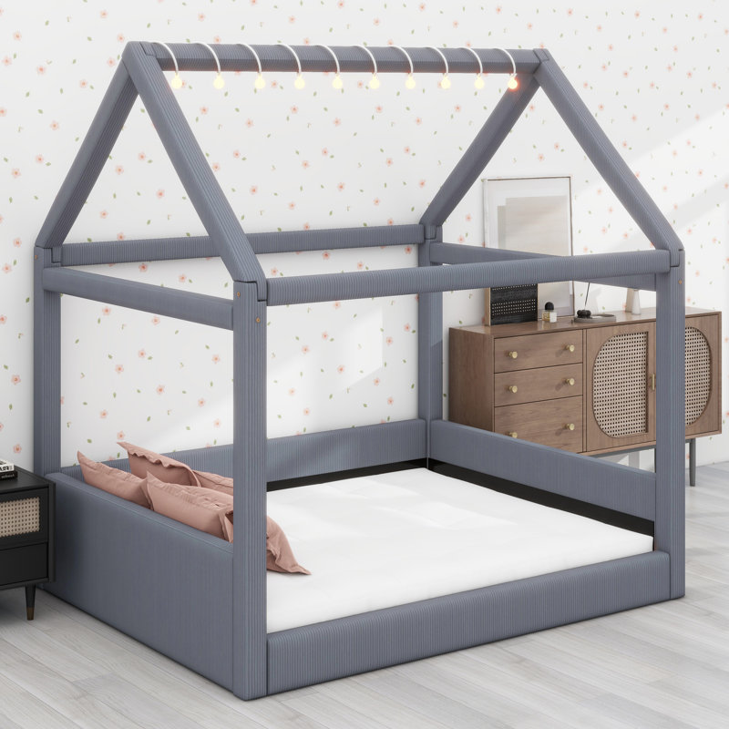 Upholstered House Daybed With LED Light Strips, Gray