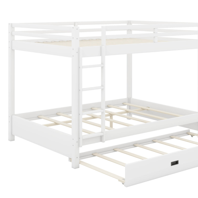 Queen Size Bunk Bed With Ladder And Trundle, White