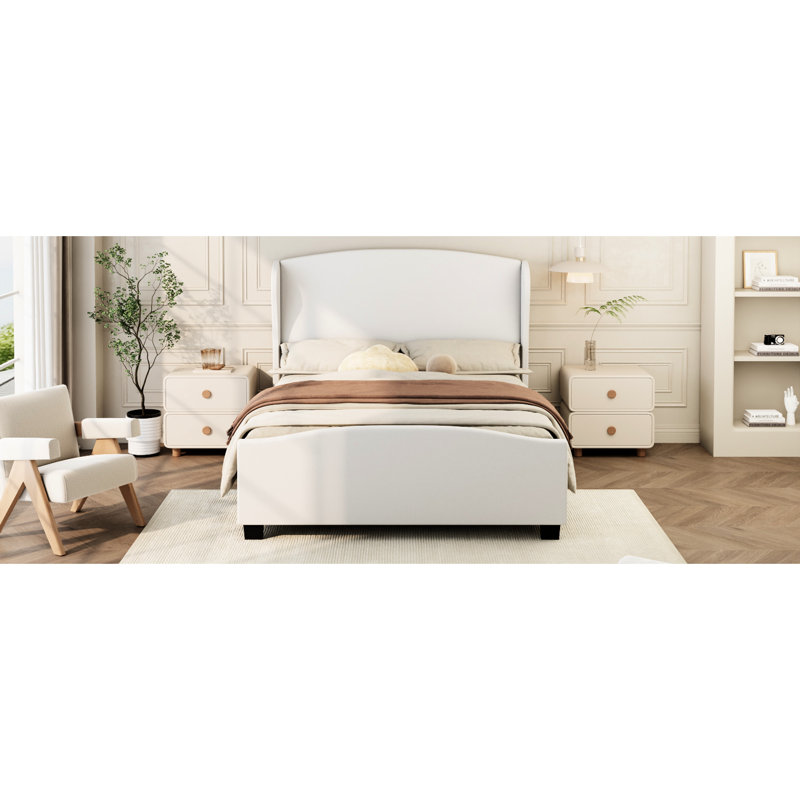 Structure de grand lit en lin beige avec dossier à oreilles de 51 po de hauteur, pieds solides pour le soutien, mousse confortable à haute densité, structure rembourrée moderne et classique adaptée aux chambres à coucher, matériau doux au toucher, idéal