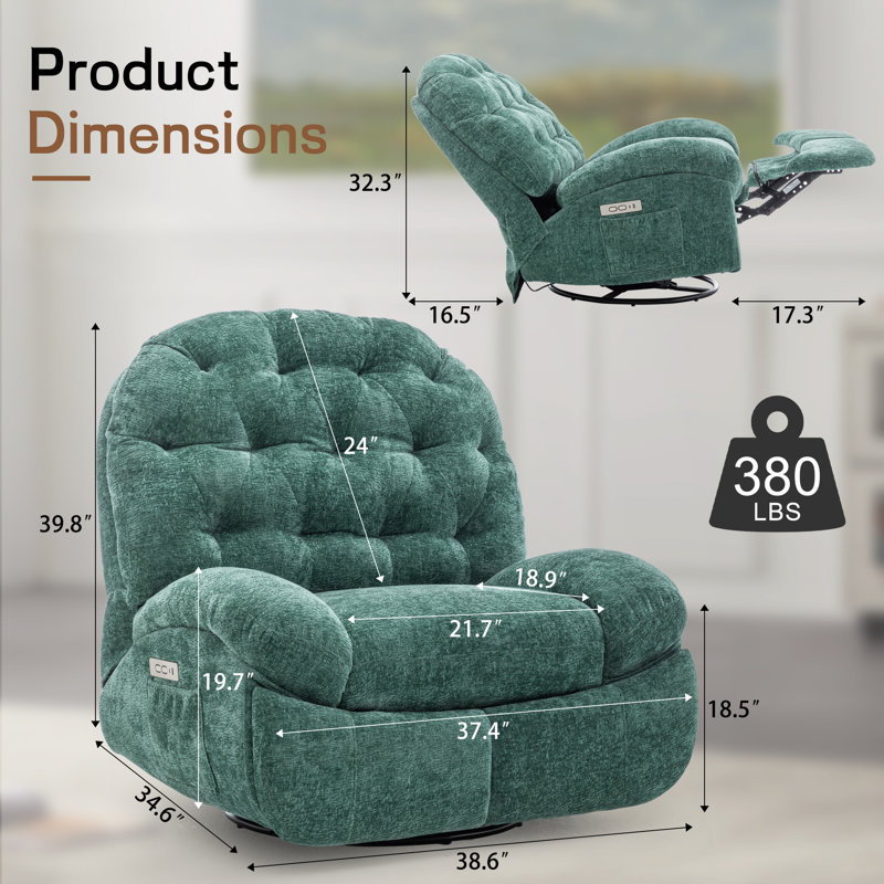 Recliner Chair, Electric Recliners , Soft Fabric Upholstered Recliner Chair With Side Pockets, Green