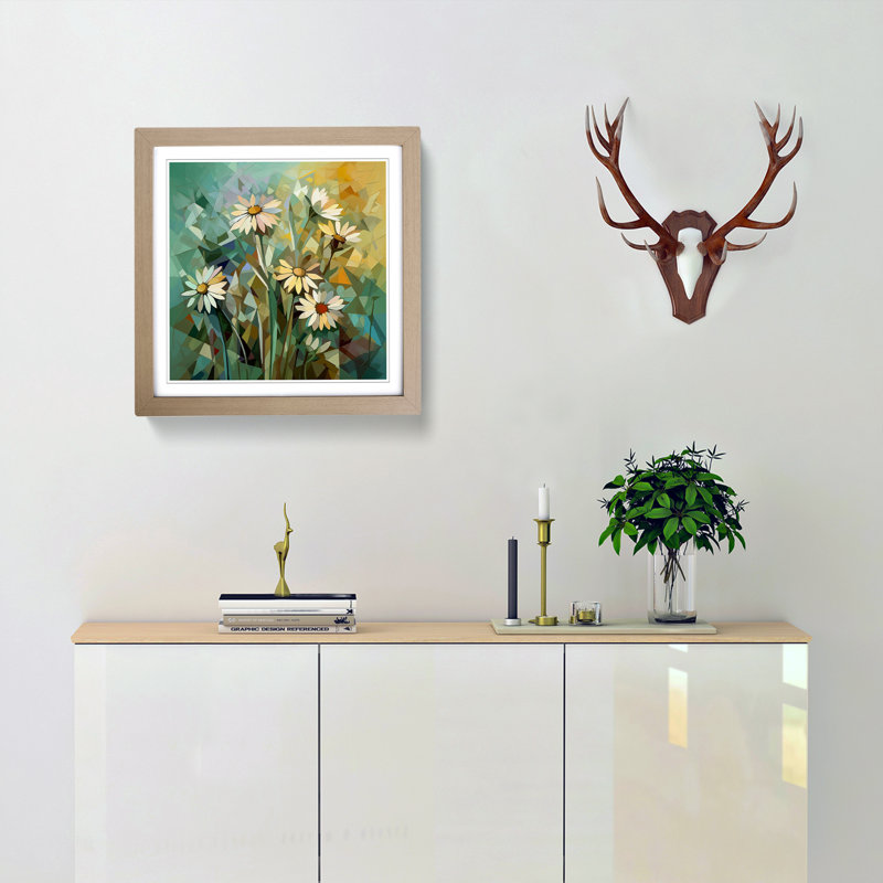 Wildflowers Cubism - Single Picture Frame Print on Wood, Oak