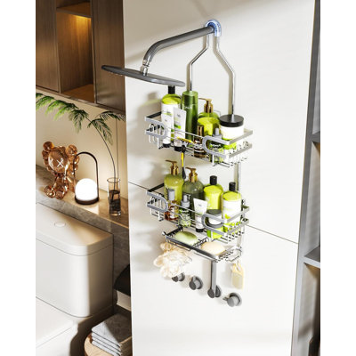 Hanging Shower Caddy Organizer With 12 Hooks & 2 Soap Holders, No Drilling Rustproof Bathroom Storage, 304 Stainless Steel, Fast Drainage Design - Silver