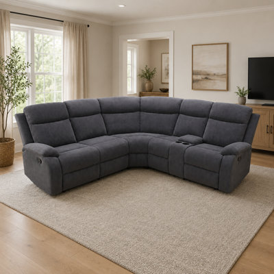3-Piece Manual Reclining Curved Sectional with Storage Console and Cup Holders, Gray Corduroy