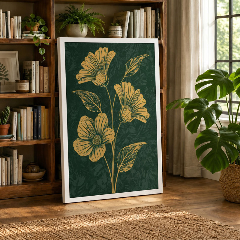Golden Study Botanical 1 Piece Wrapped Canvas Wall Art, 36x24 - 91.4 x 61.0 cm, Black Border