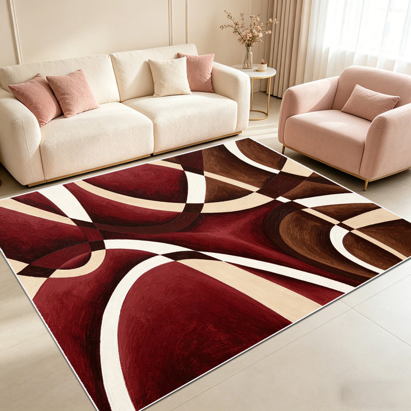 1PC Modern Geometric Abstract Burgundy Brown Cream Swirl Pattern area rugs, Soft and Comfortable, easy-to-maintain, machine washable Indoor floor mat, suitable for living room, master bedroom, dining nook, front entryway, backyard patio, sunroom