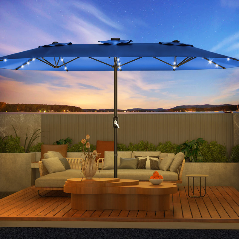Parasol de patio rectangulaire à double face de 15 pi avec lumières et base solaires à DEL - Auvent imperméable résistant aux rayons UV - Cadre en acier robuste, poignée à manivelle - Abat-jour de terrasse de piscine de jardin extérieur