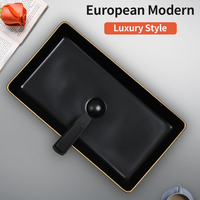Davivy 13.4" Black Ceramic Rectangular Vessel Bathroom Sink with Pop Up Drain