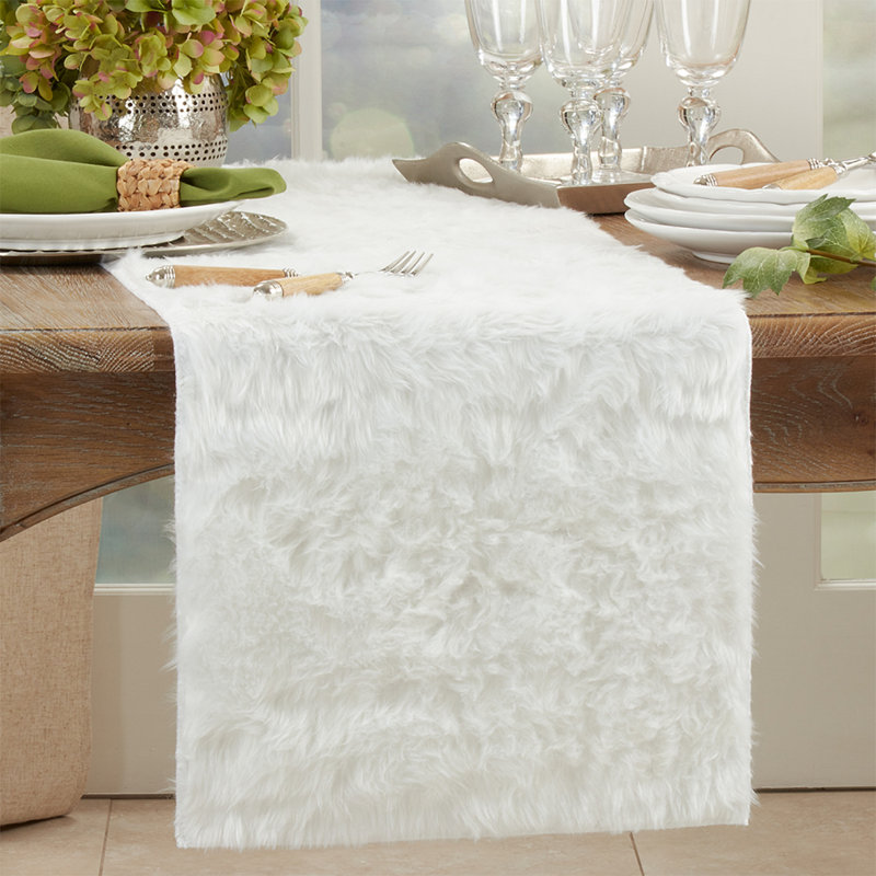 Chynia Faux Fur Polyester Rectangle Table Runner, White, 36" L x 15" W