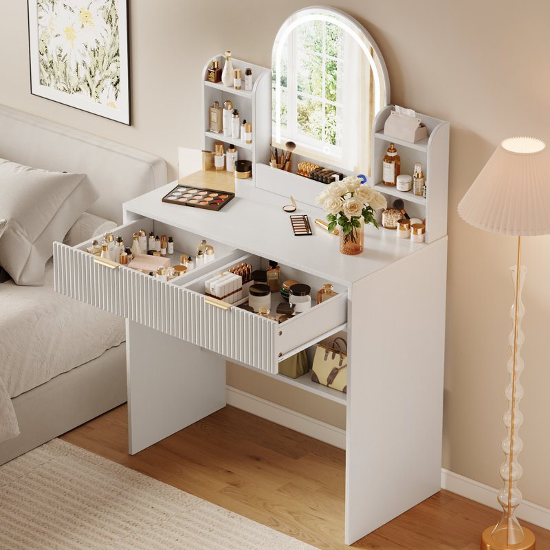 30" Fluted Makeup Vanity Desk with 3-Color Dimmable Arched LED Mirror, Storage Drawers & Open Side Shelves, White, White