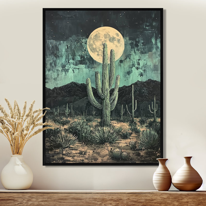Cactus Marsicano au clair de lune II - décoration murale cactus, Noir, Reproduction avec cadre flottant, H 20 po x l 12 po