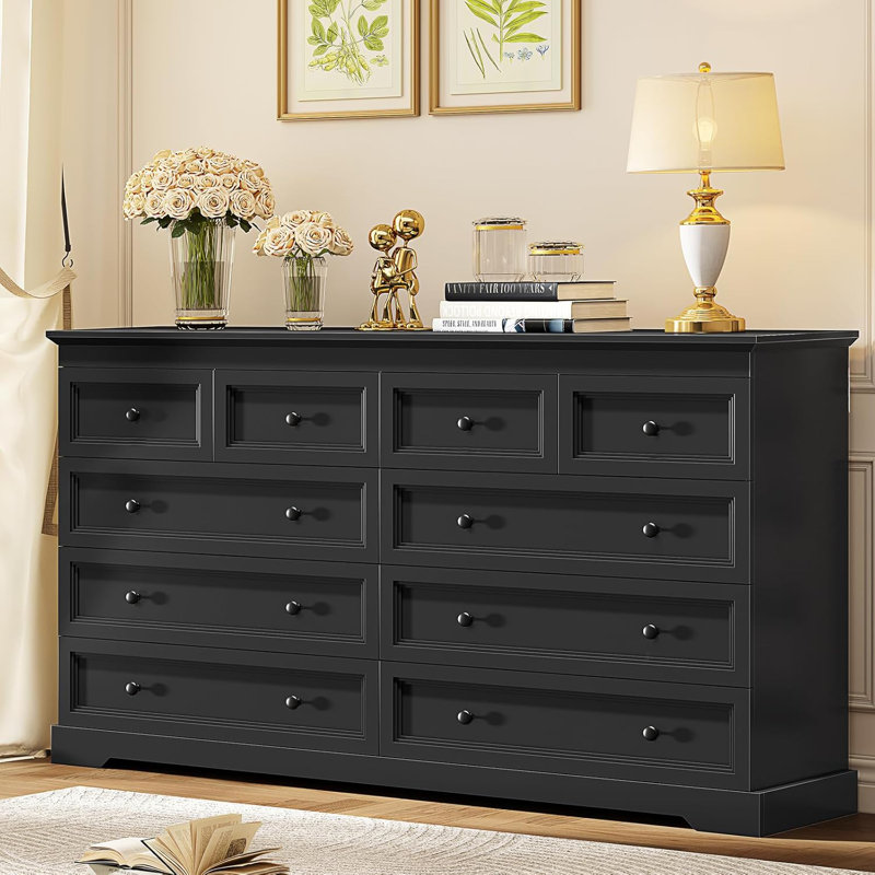 55.01" W Double Dresser With 10 Storage Drawers, Black