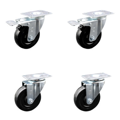4 Inch Hard Rubber Wheel Swivel Top Plate Caster Set 2 Total Lock Brakes SCC