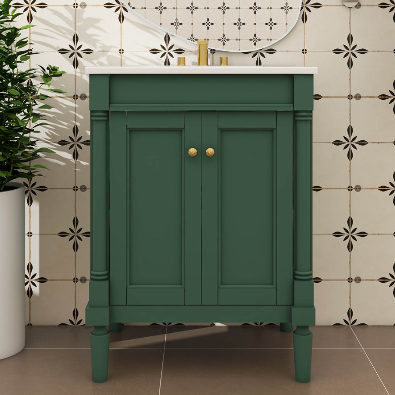 Meuble-lavabo de salle de bain sophistiqué 24 po avec lavabo supérieur à 2 niveaux avec esthétique moderne, Vert, Doré
