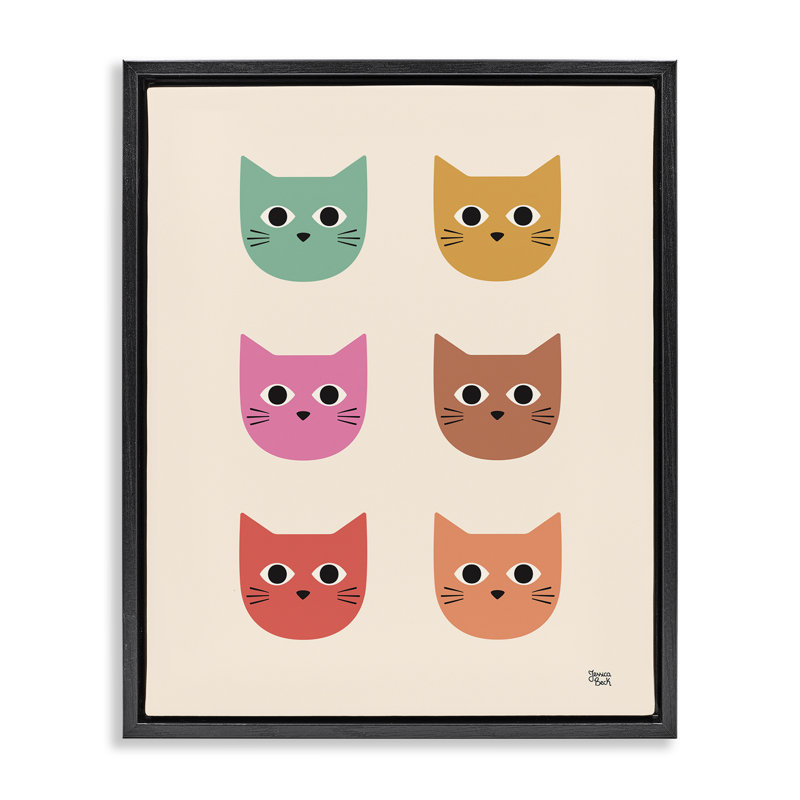«Colorful Cat faces», art mural encadré flottant par Jessica Beck, Cadre flottant noir de jais, H 21 po x l 17 po