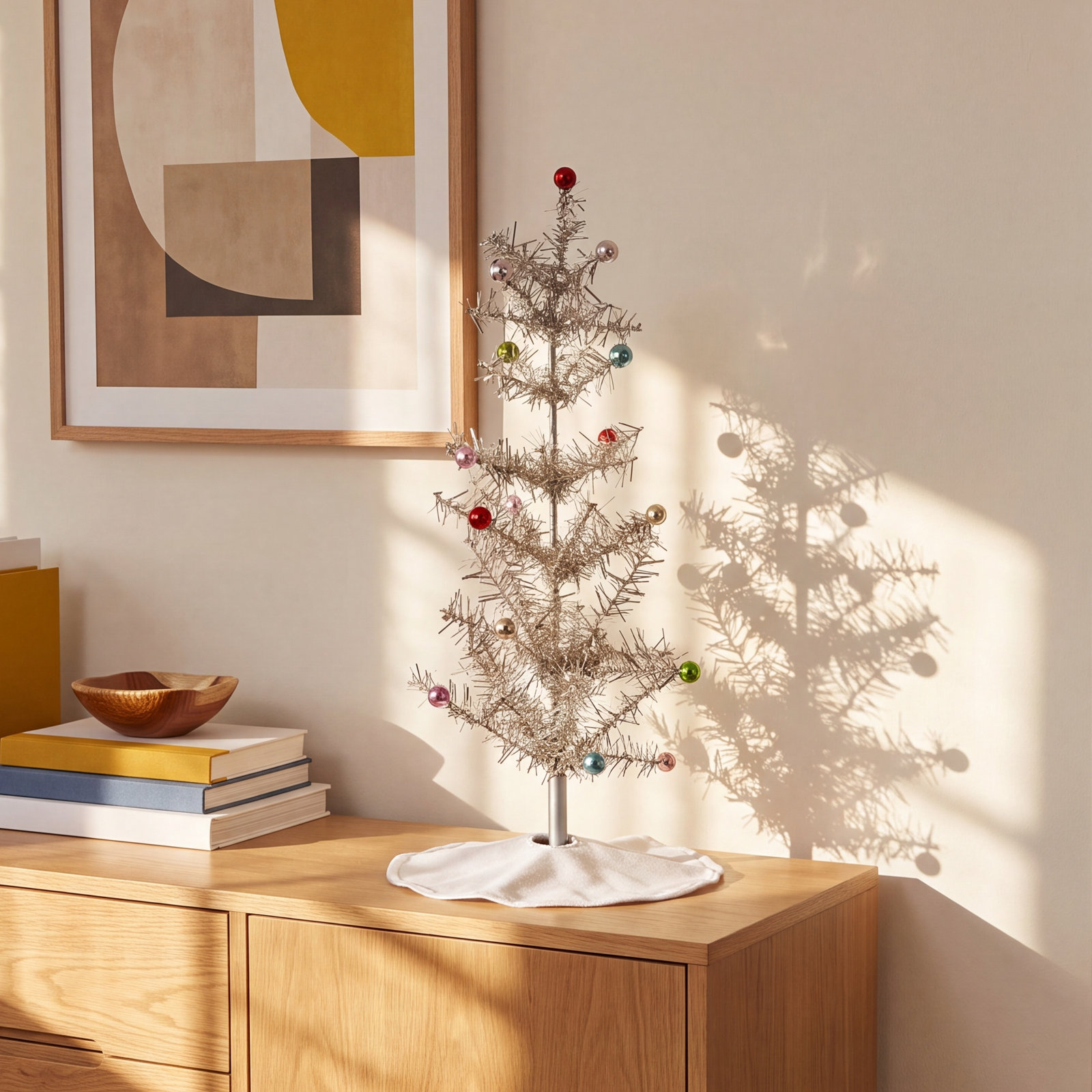 Tinsel Tree With Multicolor Ball Ornaments, 17" H x 2.75" W x 2.75" D